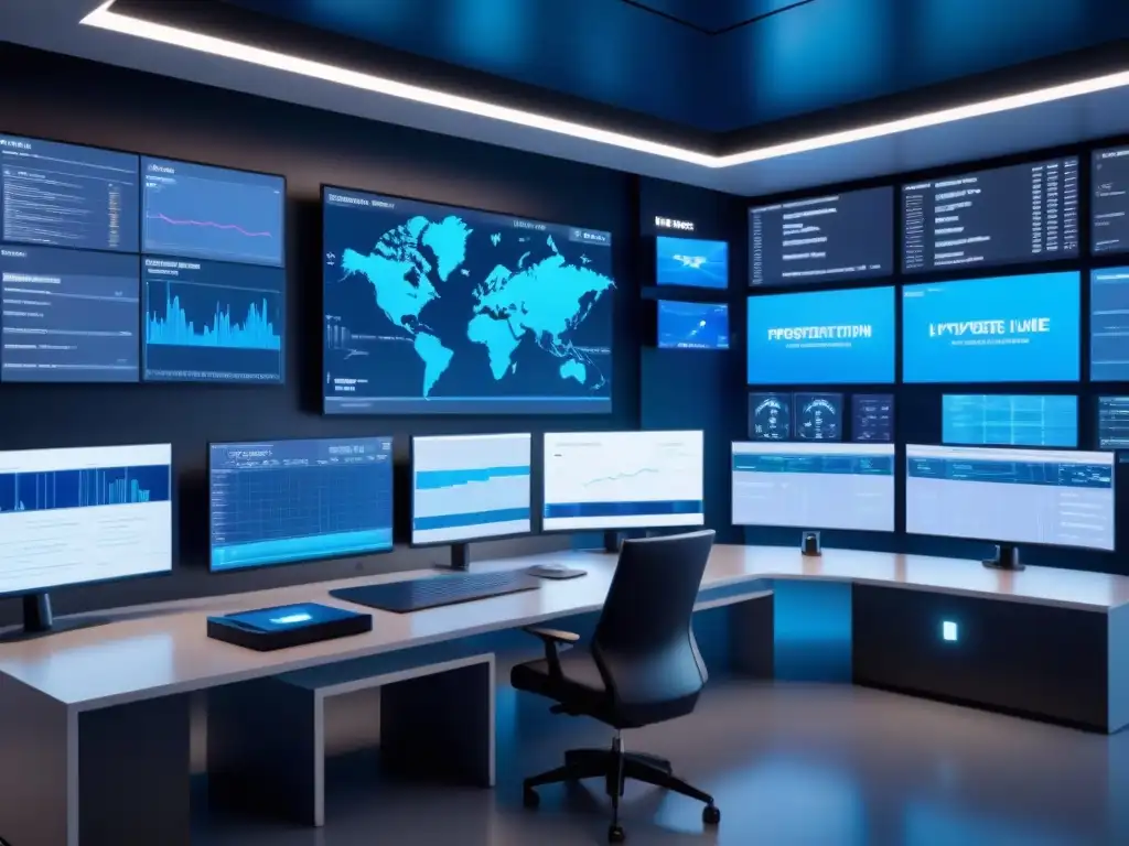 Sala de control futurista en la industria con datos en tiempo real