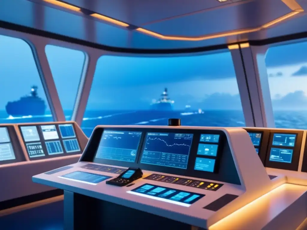 Sala de control futurista en nave, con pantallas de seguridad marítima