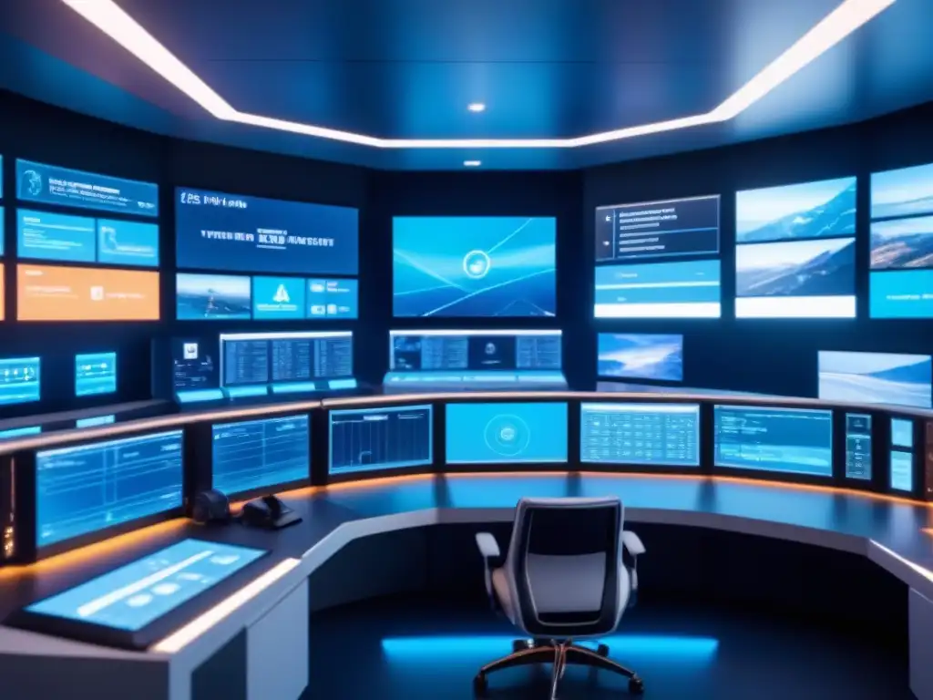 Sala de control futurista con operadores de transporte en realidad aumentada