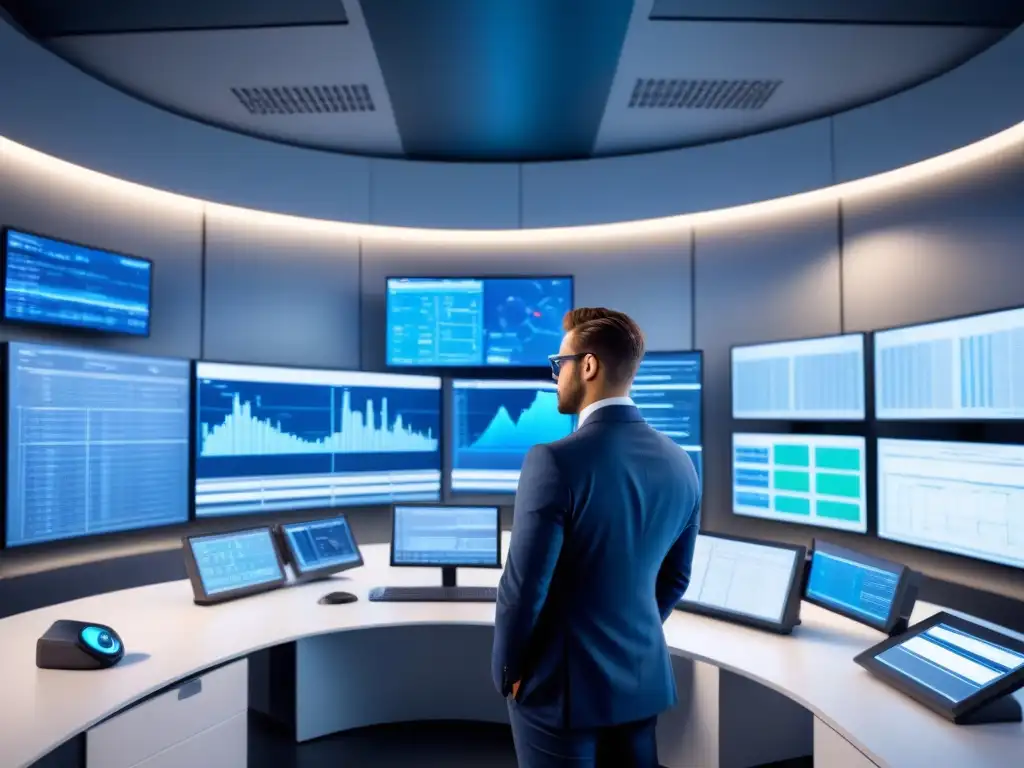 Sala de control futurista en planta industrial con visualización de datos en tiempo real