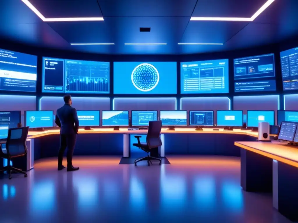 Control de planta futurista con alta tecnología y seguridad Sala de control futurista de planta energética con ciberseguridad en infraestructuras energéticas críticas