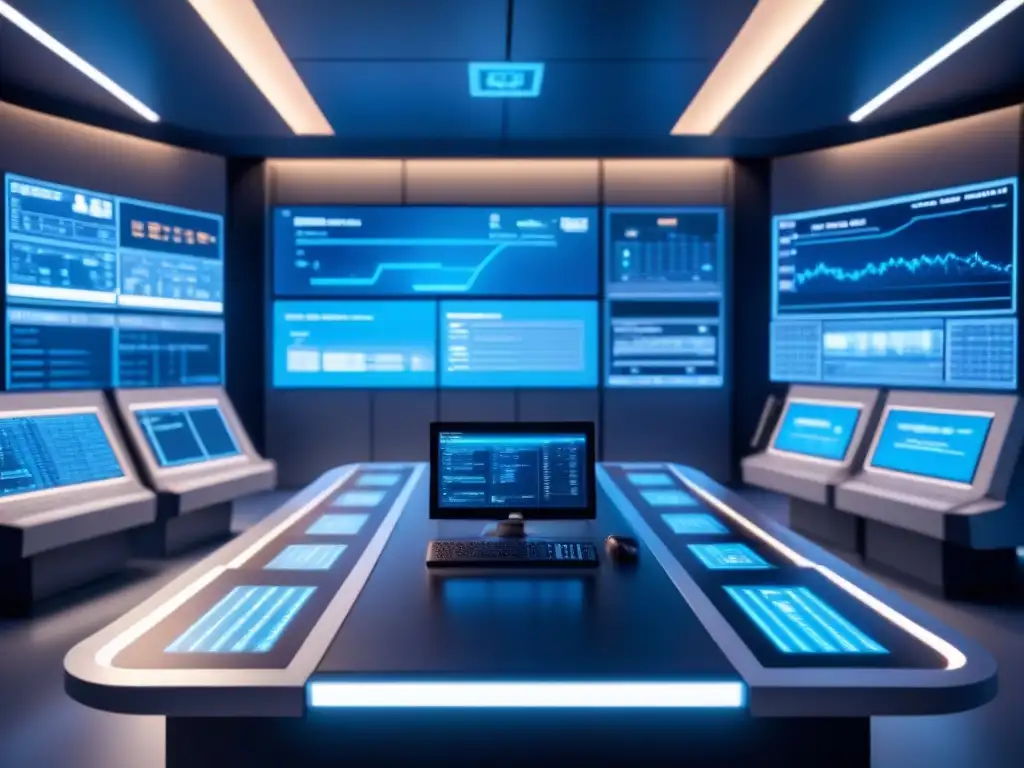 Sala de control futurista con sistemas de IA, monitores de datos y alertas de seguridad, iluminada con tenue resplandor azul