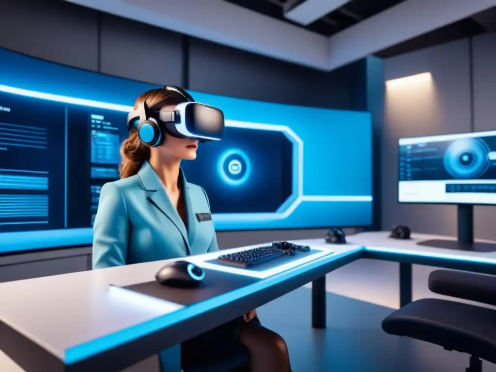 Sala de control industrial futurista con realidad virtual en operaciones industriales