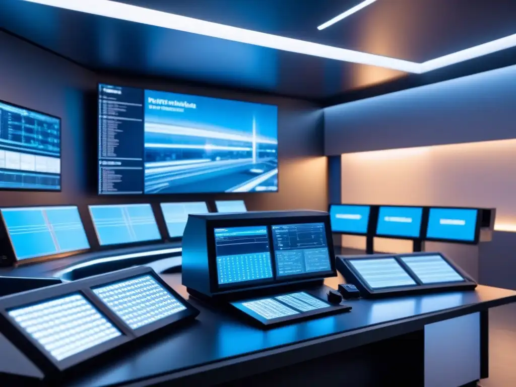 Centro de control hightech con datos en tiempo real de planta industrial Sala de control moderna y eficiente con datos en tiempo real de planta industrial en pantalla LED, iluminada con luces azules y blancas