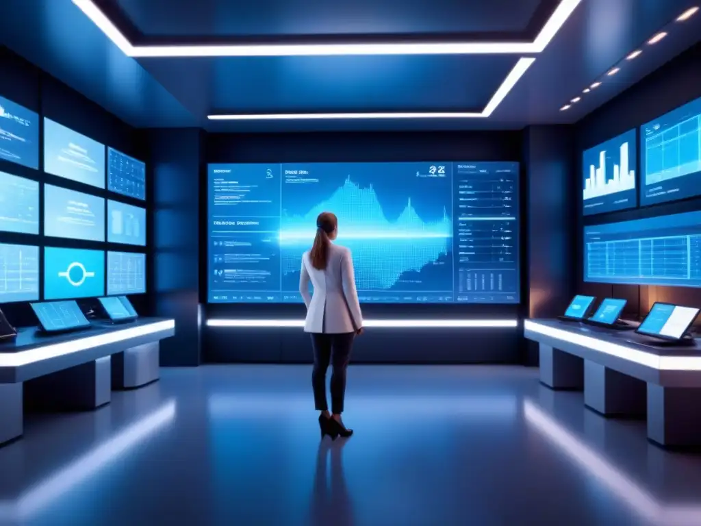 Análisis de datos oncológicos en sala futurista 8k Una sala futurista de análisis de datos con gráficos detallados sobre oncología y una célula cancerígena en holograma