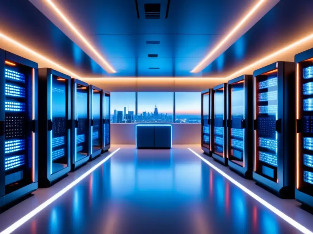 Sala de supercomputación futurista con diseño minimalista y avanzado, iluminada en azul con vista a la ciudad de noche