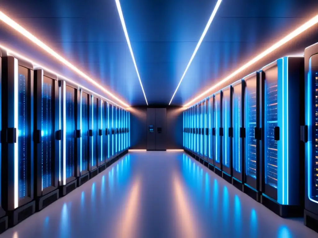 Sala futurista de supercomputadoras en azul neón, con servidores interconectados y sistemas de enfriamiento detallados
