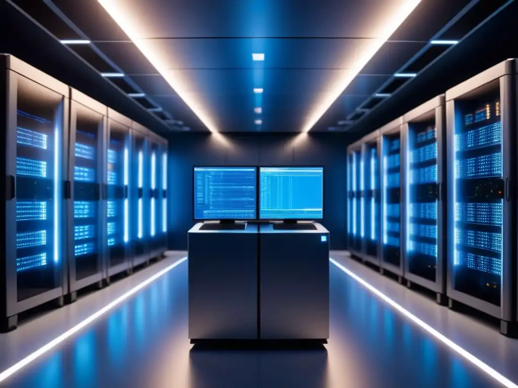 Una sala futurista de supercomputadoras brillantes en azul, con diseño avanzado