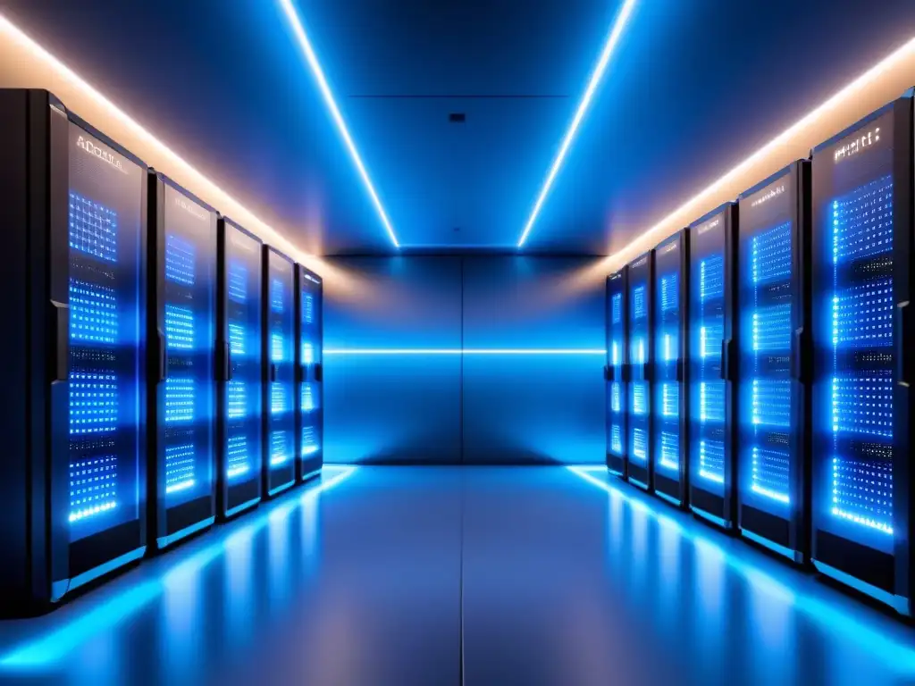 Sala futurista de supercomputadoras con diseño minimalista, servidores potentes iluminados en azul creando un ambiente sofisticado y tecnológico