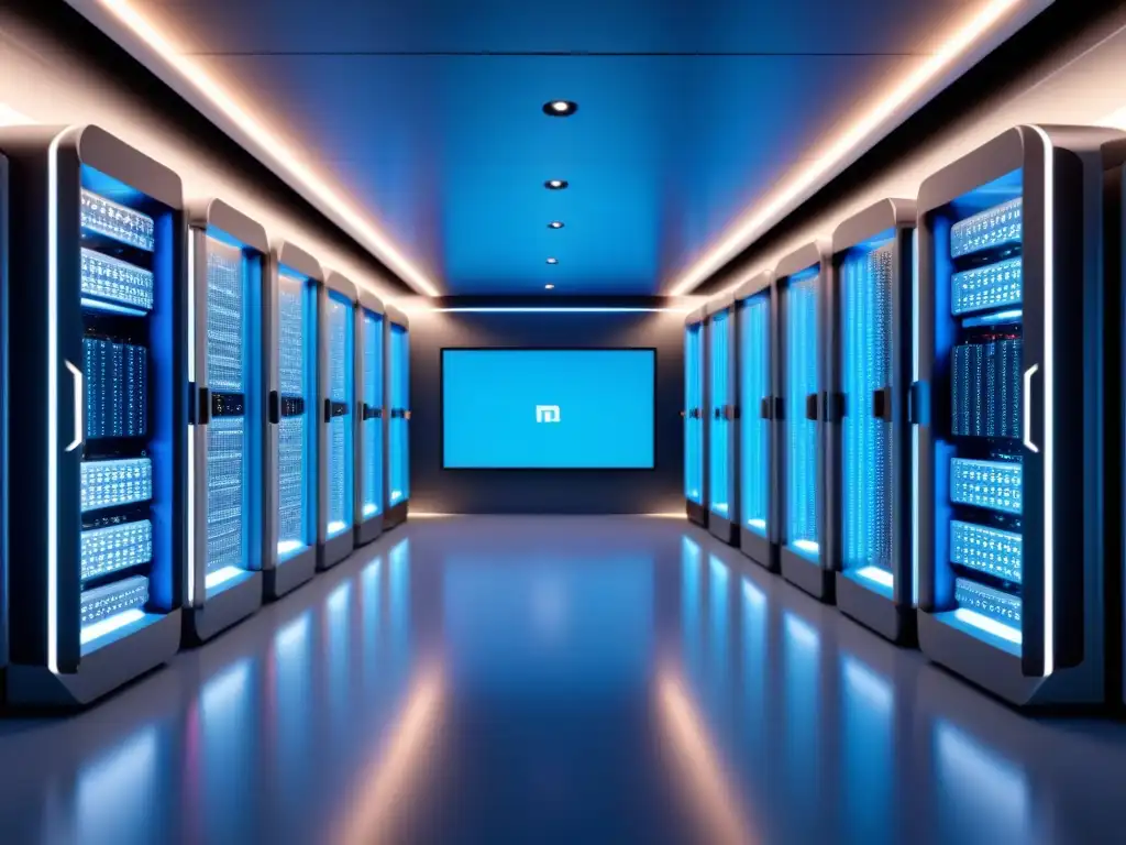 Sala futurista de supercomputadoras para simulaciones supercomputación ingeniería naval con luces azules y diseño vanguardista