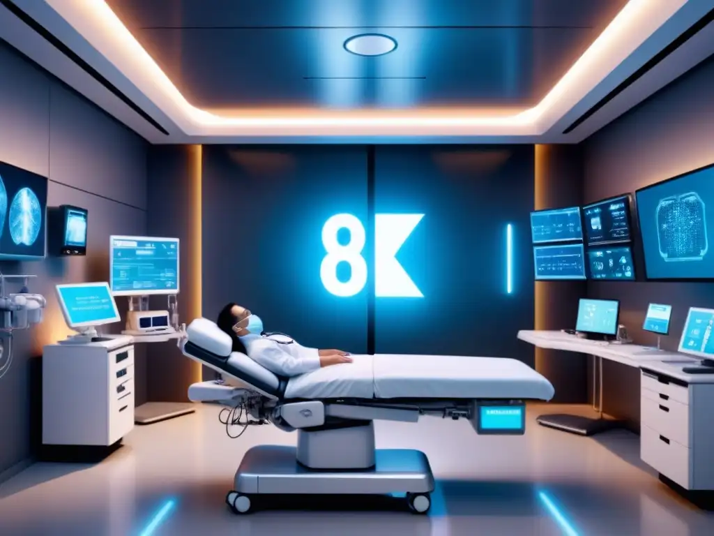 Sala hospitalaria futurista con tecnología AI integrada, simbolizando el poder de la Inteligencia Artificial en Salud