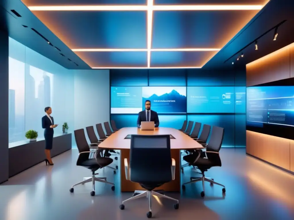 Oficina futurista con sala de conferencias de vidrio y tecnología innovadora Una sala de oficina futurista con profesionales debatiendo y tecnología avanzada
