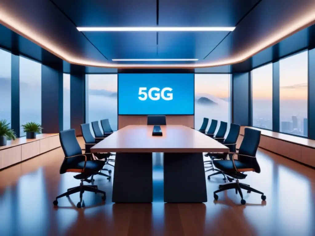 Sala de oficina minimalista con tecnología 5G para trabajo colaborativo