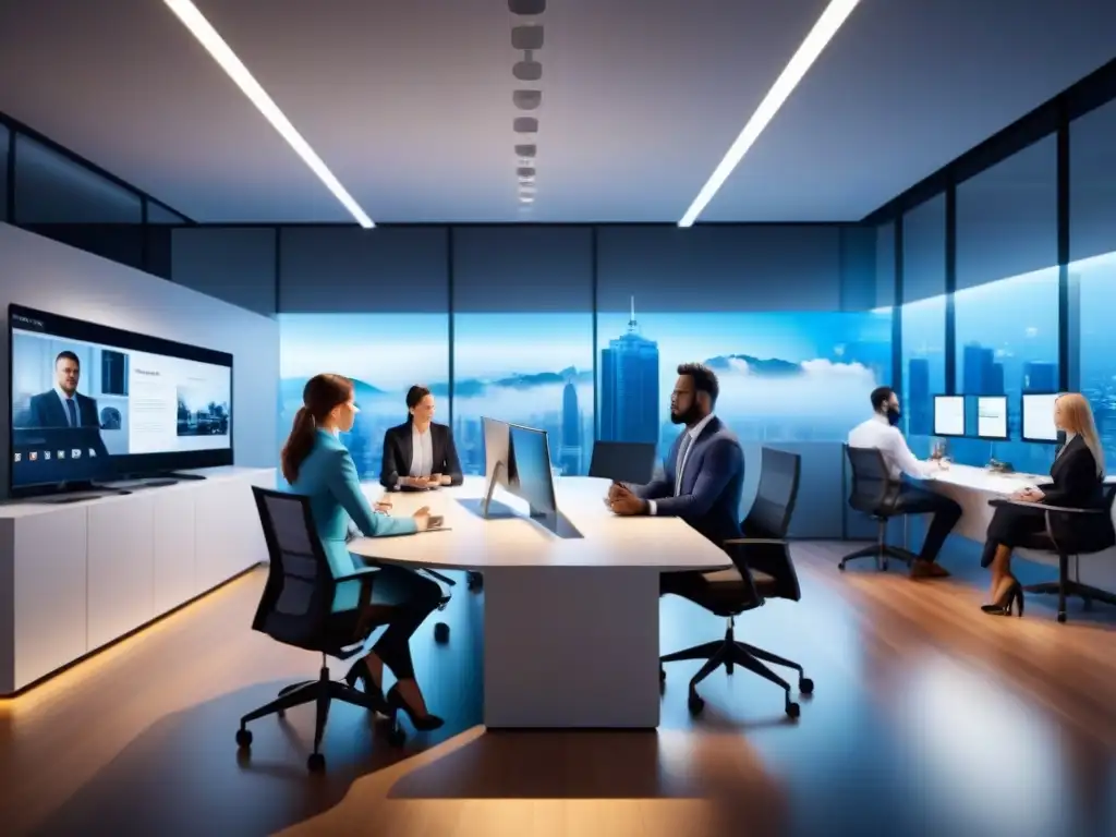 Oficina moderna: brainstorming innovador con profesionales diversos Una sala de oficina moderna y sofisticada donde profesionales diversos colaboran en una sesión de lluvia de ideas