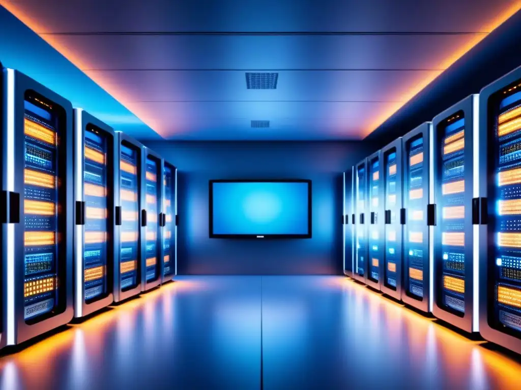 Una sala de servidores futurista y detallada con luces azules, cables y servidores brillantes