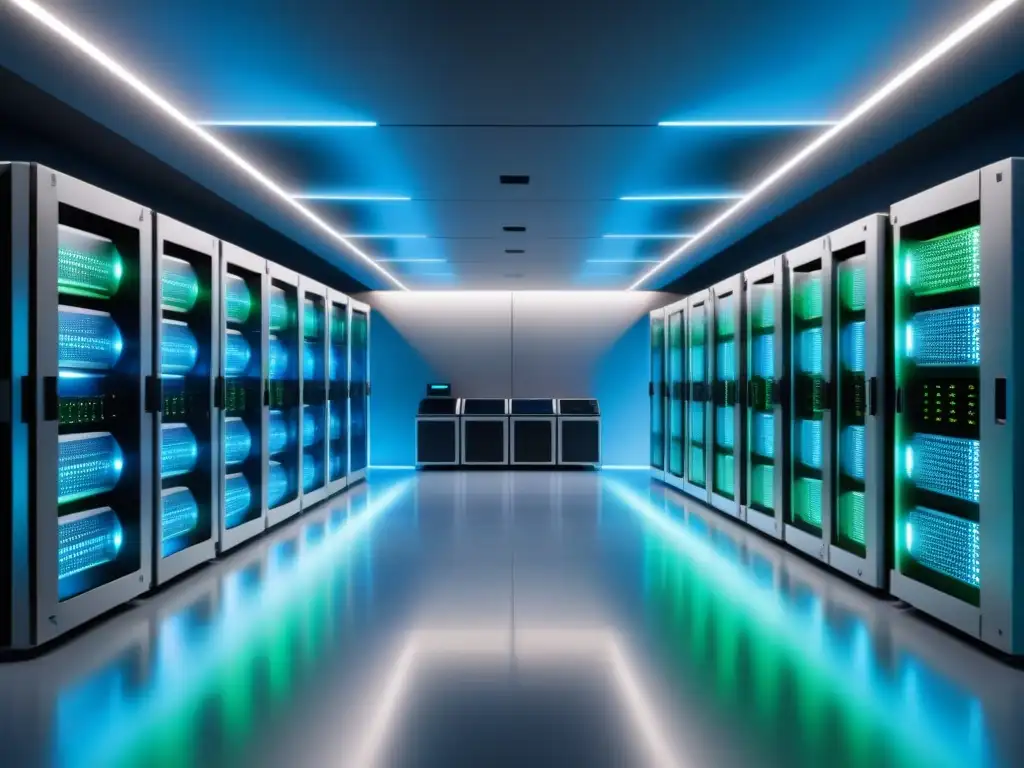 Sala de servidores futurista: precisión y eficiencia en alta tecnología Una sala de servidores futurista y minimalista con luces azules y verdes, reflejadas en el suelo de concreto pulido
