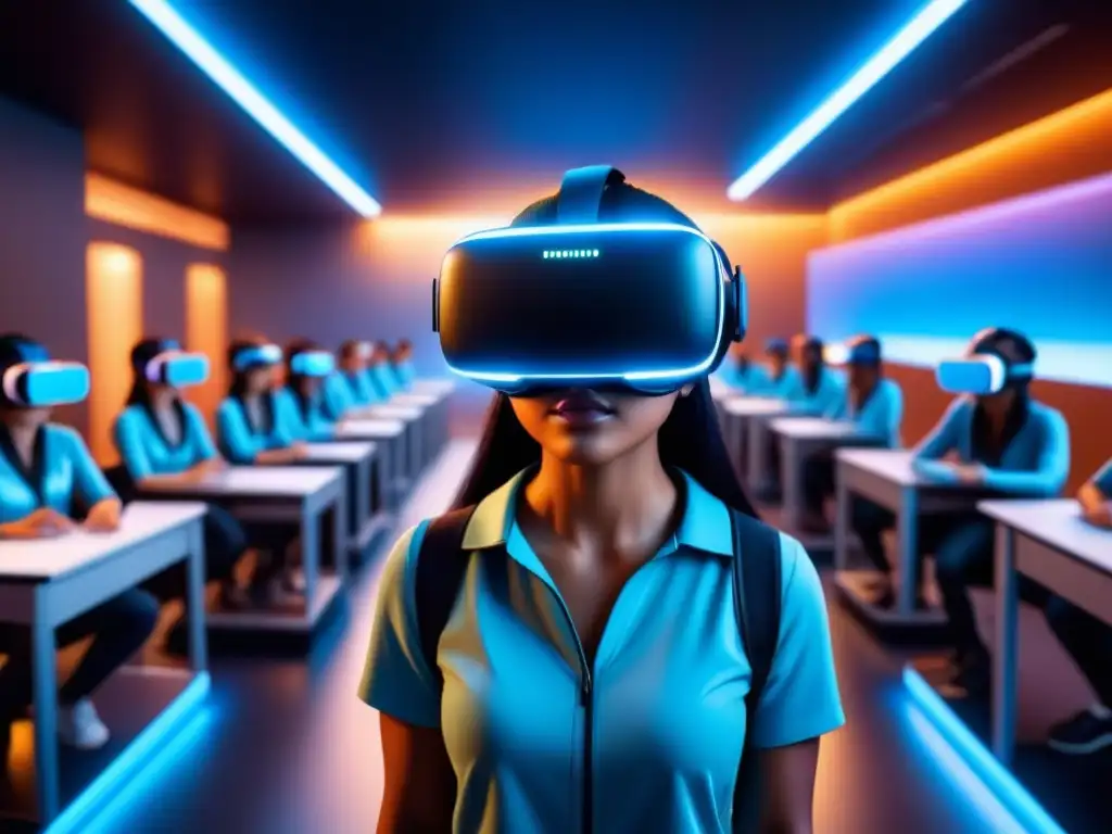 Salón de clase futurista en realidad virtual con diseño minimalista, estudiantes diversos y maestro holográfico