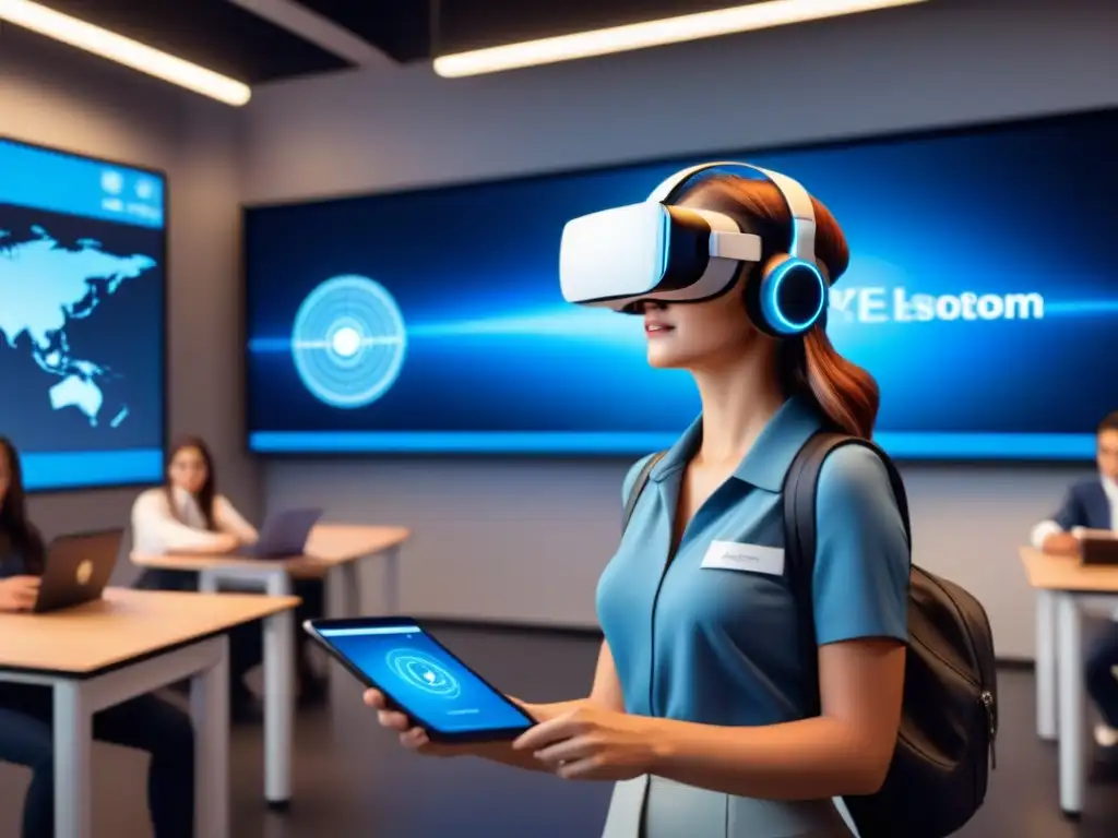 Salón de clase futurista en realidad virtual, estudiantes interactúan con herramientas educativas avanzadas