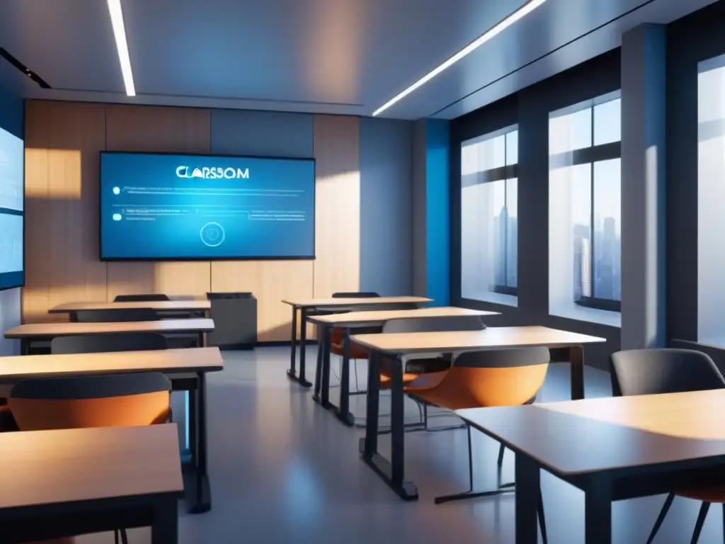 Salón de clase moderno con tecnología de fibra óptica para educación online y teletrabajo