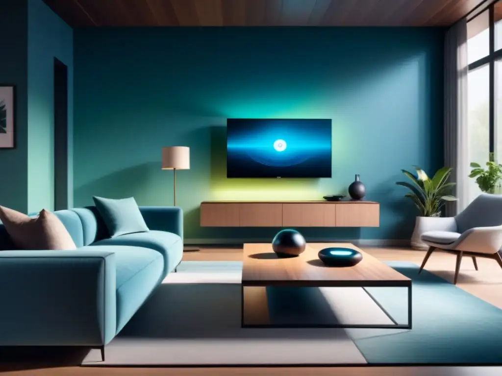 Salón moderno con tecnología IoT hogar casas inteligentes integrada, tonos neutros y toques de azul y verde para calma y eficiencia