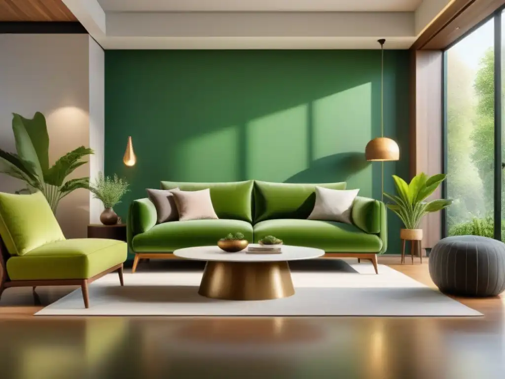 Un salón moderno y vibrante con muebles elegantes de materiales reciclados, destacando la sostenibilidad y el diseño ecofriendly