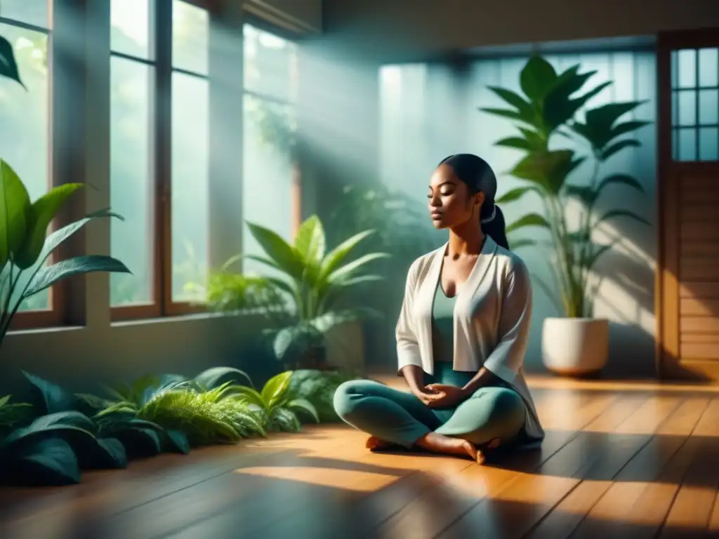 Promoción de la salud mental: Persona meditando en un ambiente sereno con plantas verdes, transmitiendo calma y tranquilidad