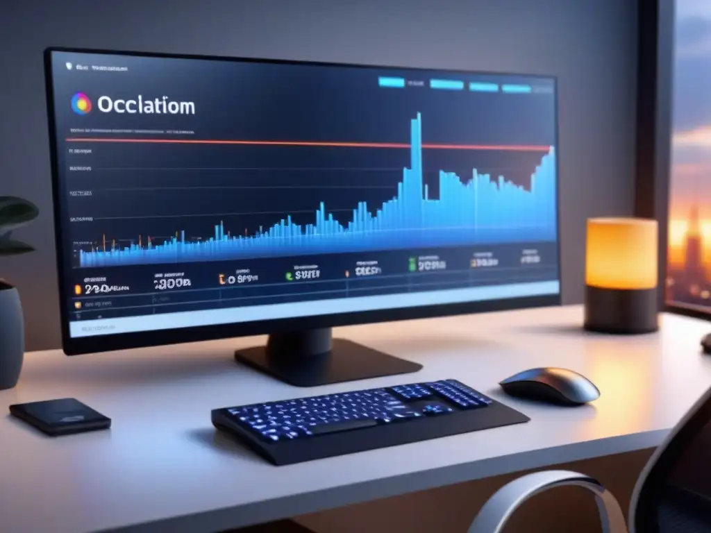 Monitorización de salud ocupacional: oficina moderna con monitor de alta tecnología mostrando datos en tiempo real sobre bienestar laboral