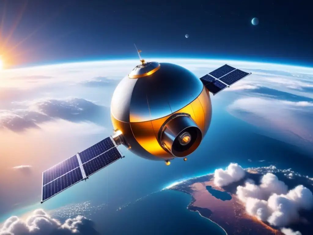 Un satélite futurista en el espacio con paneles solares relucientes, destaca la innovación en tecnología satelital comercial