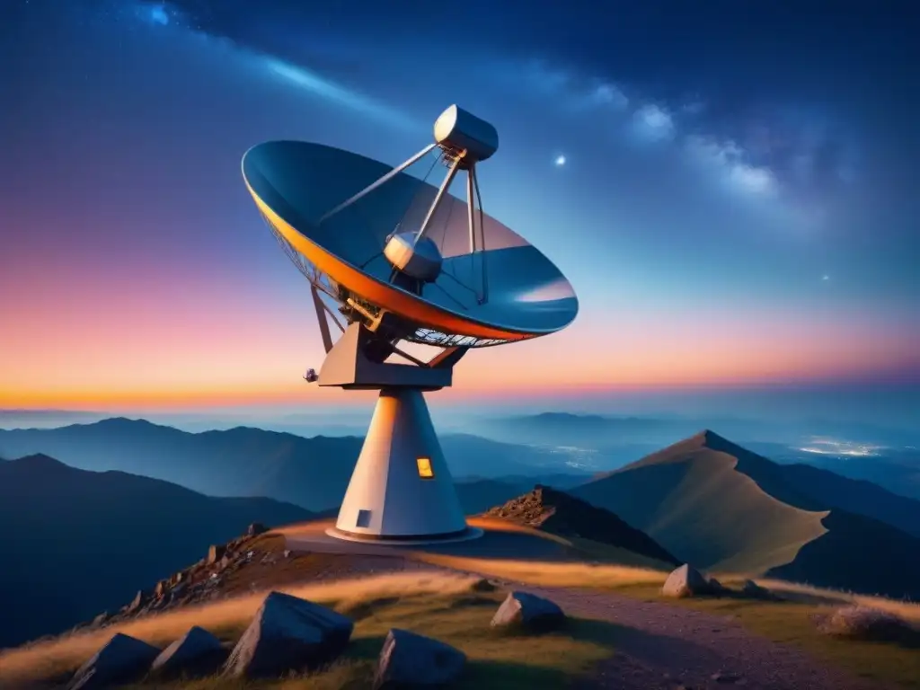 Satélite futurista iluminado en montaña remota, simboliza avances fotónica telecomunicaciones áreas remotas