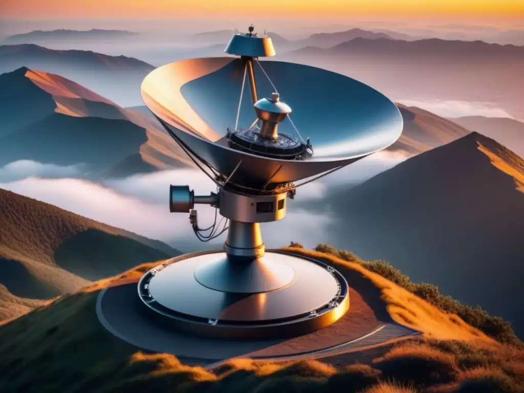 Un satélite futurista en una montaña remota con avances fotónica en telecomunicaciones