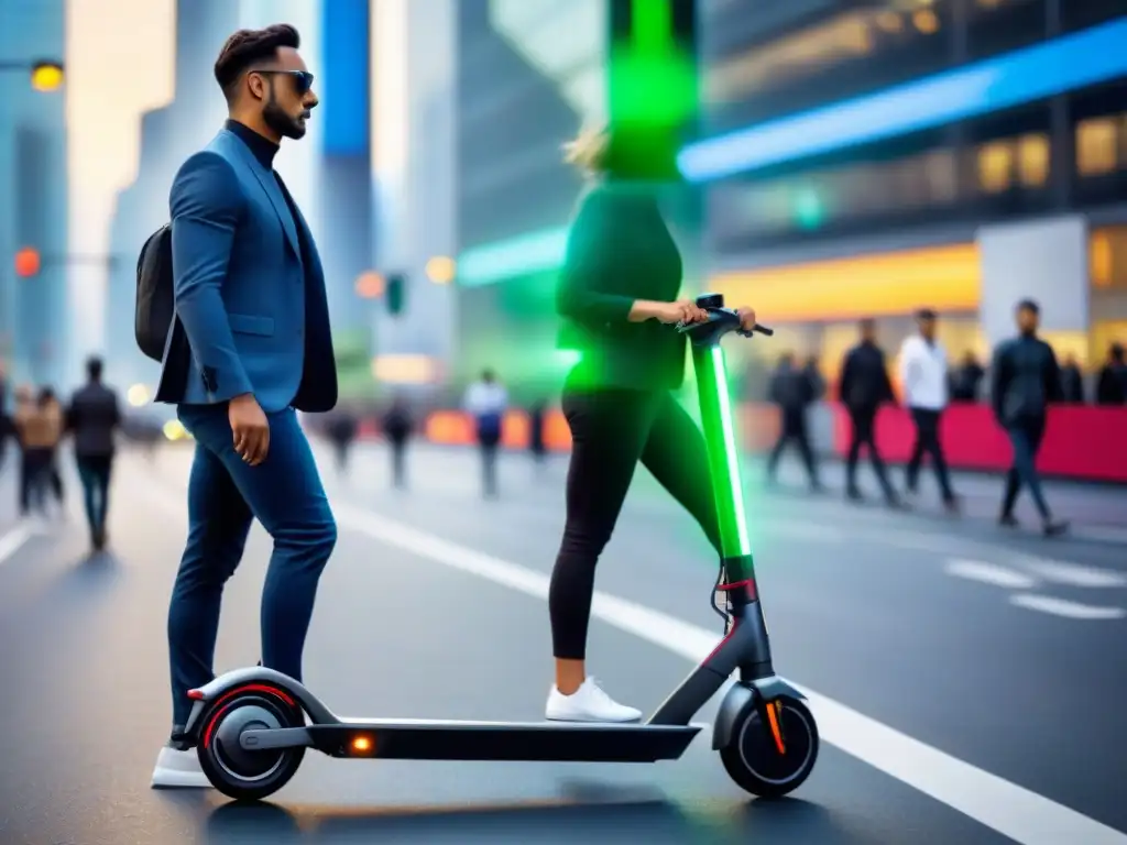 Un scooter eléctrico futurista surcando la ciudad, rodeado de diversidad urbana y tecnologías emergentes en movilidad