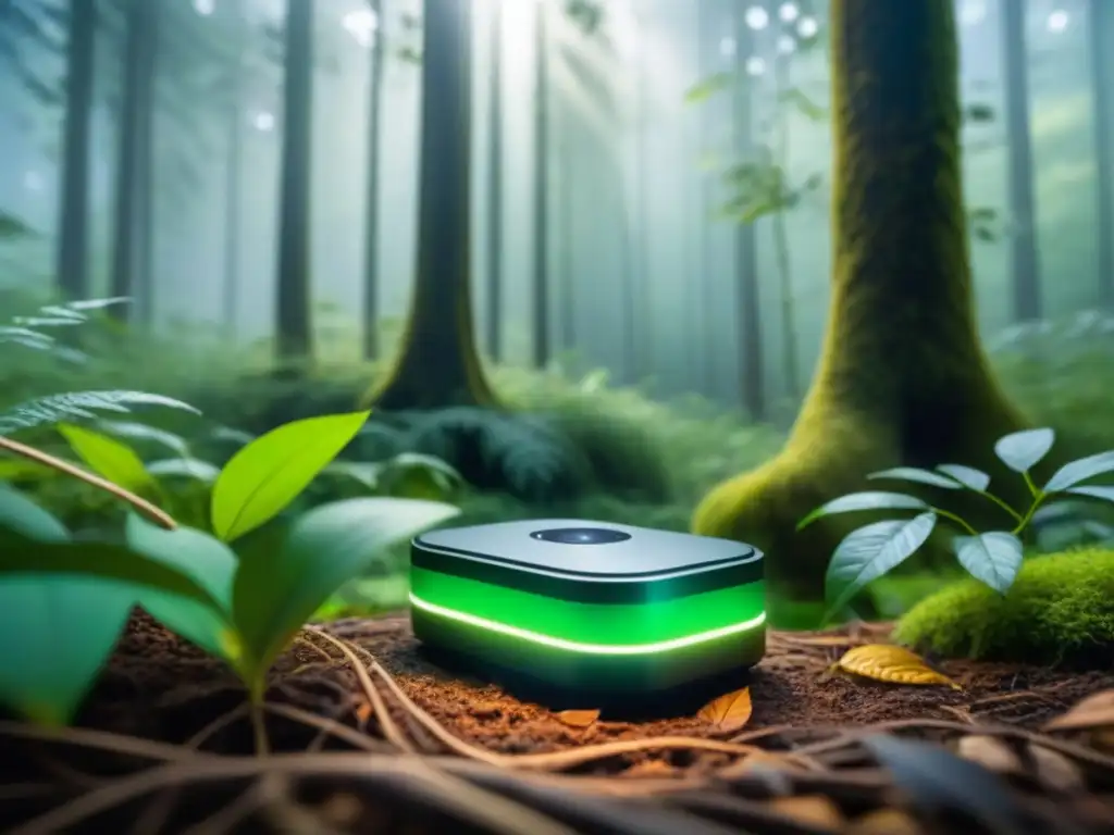 Un sensor avanzado de monitoreo de biodiversidad destaca en un bosque vibrante