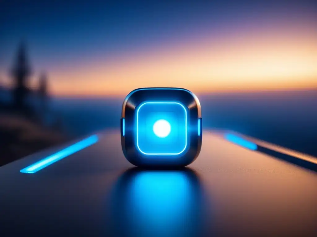 Un sensor biométrico futurista con diseño minimalista y detalles azules brillantes en un entorno de salud
