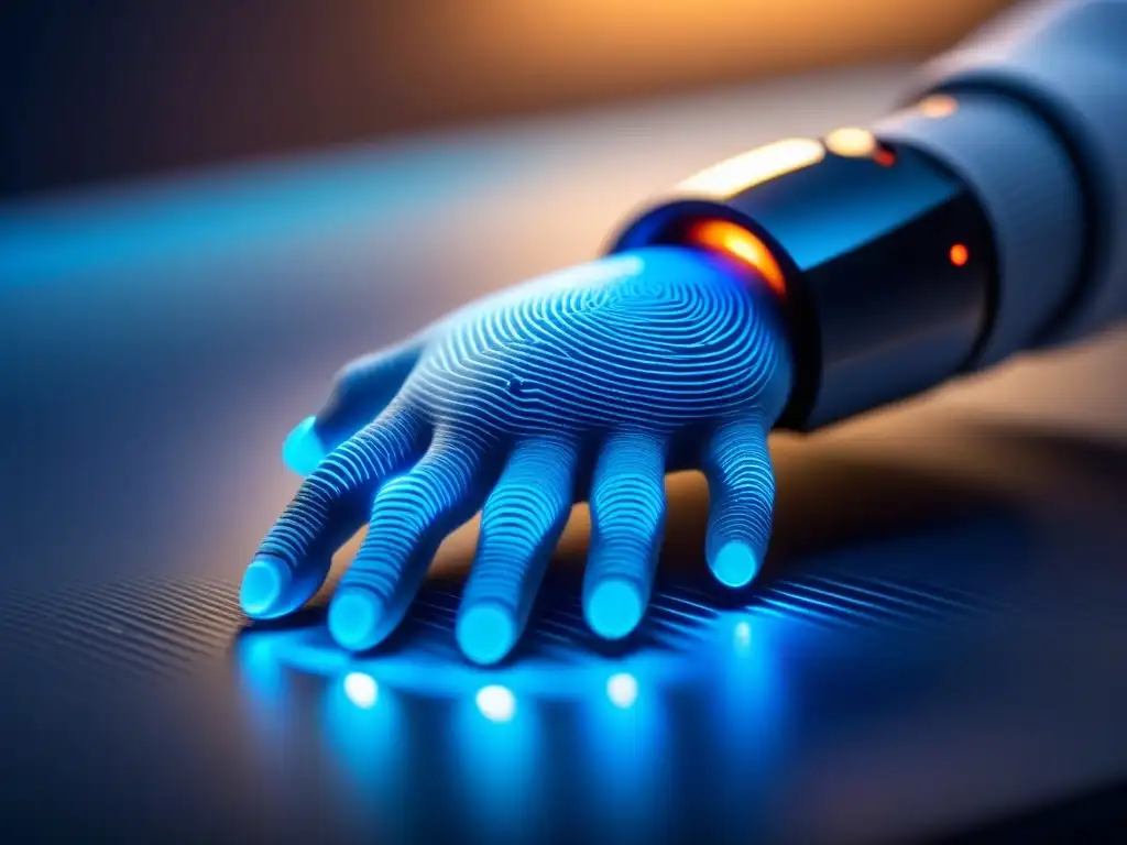 Sensor biométrico escaneando huellas digitales en superficie futurista, iluminado con luz azul