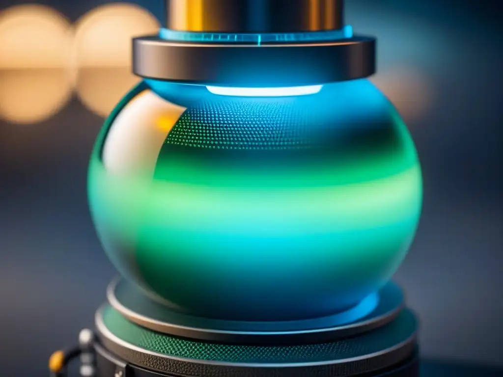 Un sensor fotónico futurista para industria sostenible, con detalles brillantes en azul y verde sobre fondo oscuro