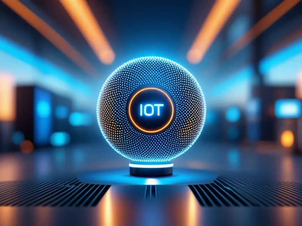 Red de sensores IoT futurista en entorno industrial Sensor IoT futurista con IA: red de sensores integrados en un entorno industrial moderno, emitiendo un suave resplandor azul