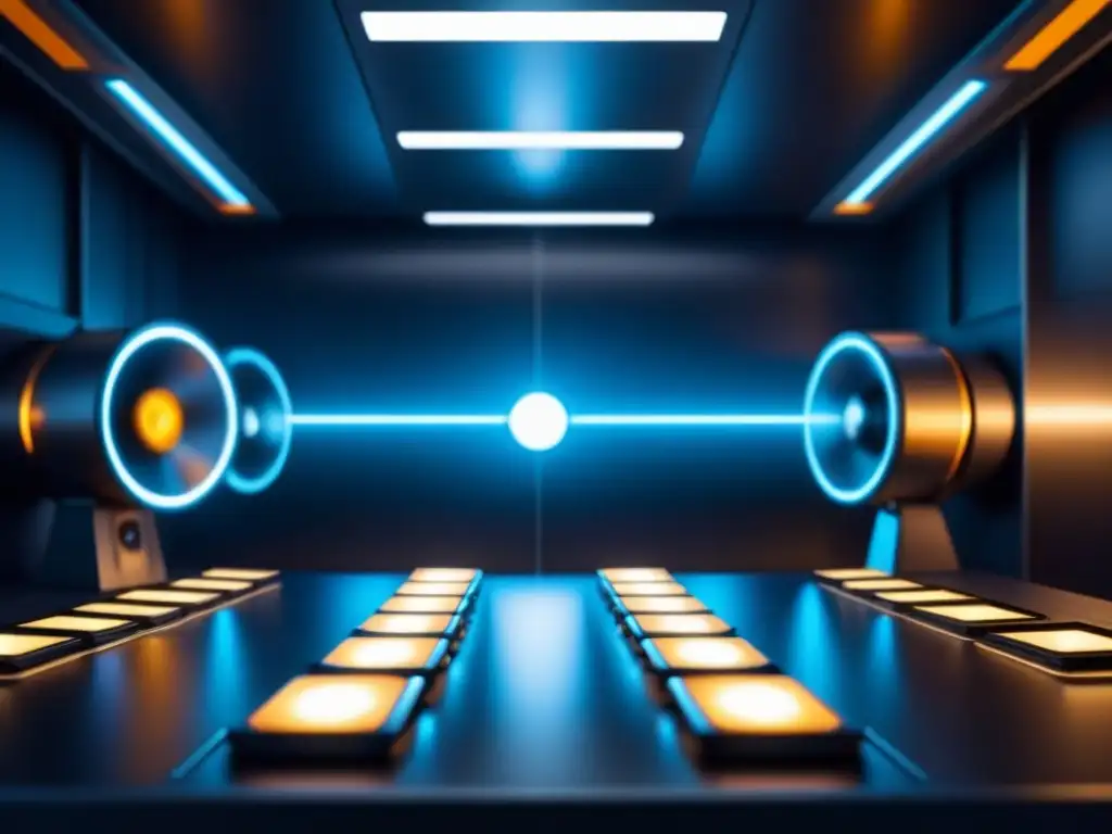 Un sensor de radiación futurista con detalles metálicos y luces brillantes en un laboratorio de vanguardia
