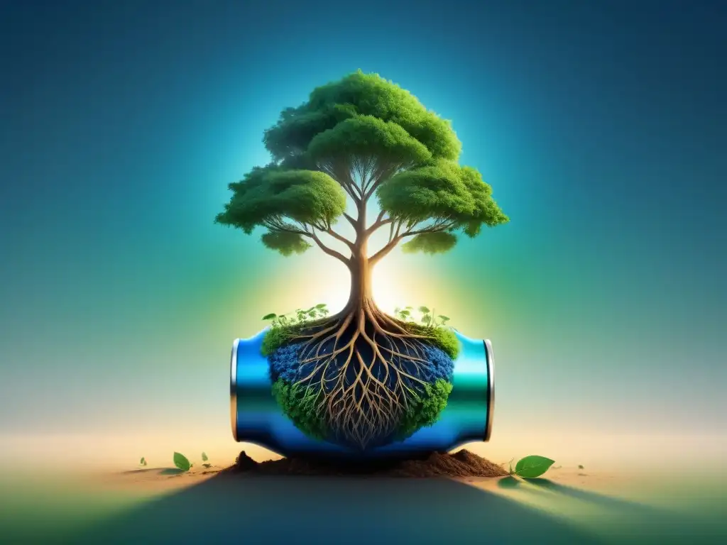 Ilustración serena y minimalista de un árbol verde vibrante con raíces entrelazadas con materiales reciclables, simbolizando la reducción de huella de carbono en manufactura