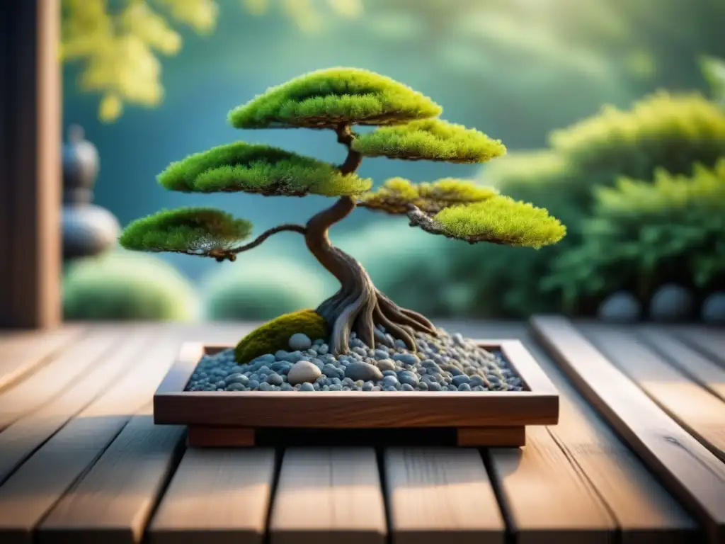 Jardín zen sereno con árbol bonsái, rocas y grava