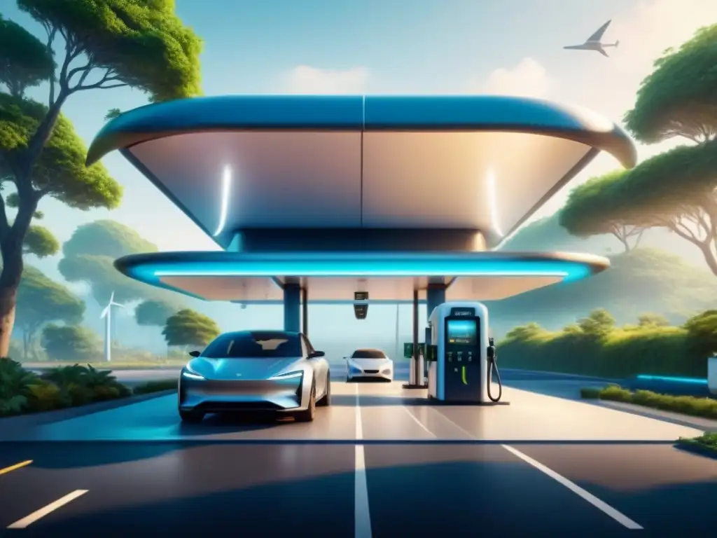 Estación de servicio futurista con energías renovables, rodeada de vegetación y vehículos eléctricos cargando