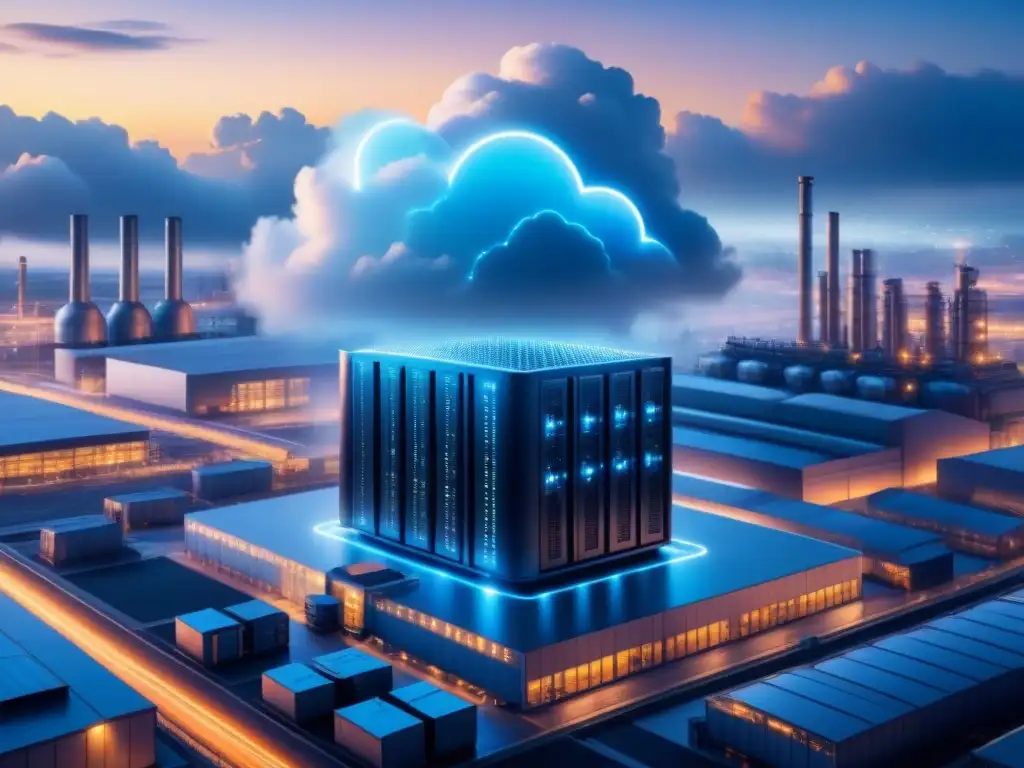 Servidor computación en la nube futurista iluminado de azul en paisaje industrial