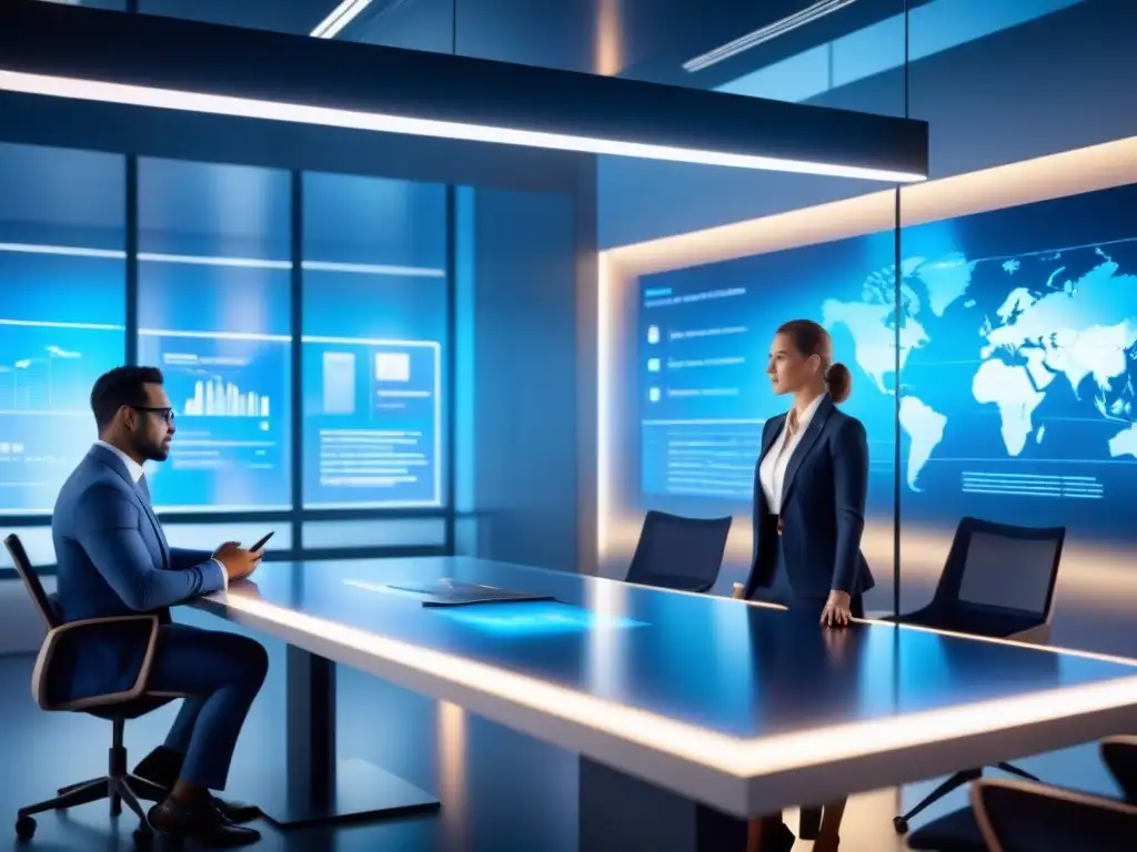 Oficina futurista: profesionales en sesión de brainstorming con IA Sesión de brainstorming con profesionales en una oficina moderna, mostrando gráficos de IA