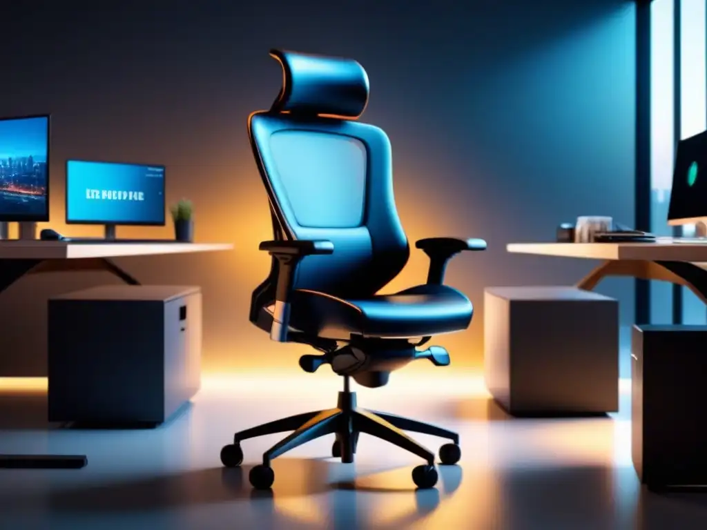 Una silla de oficina futurista con sensores de monitorización de condiciones ergonómicas laborales en un entorno moderno y minimalista