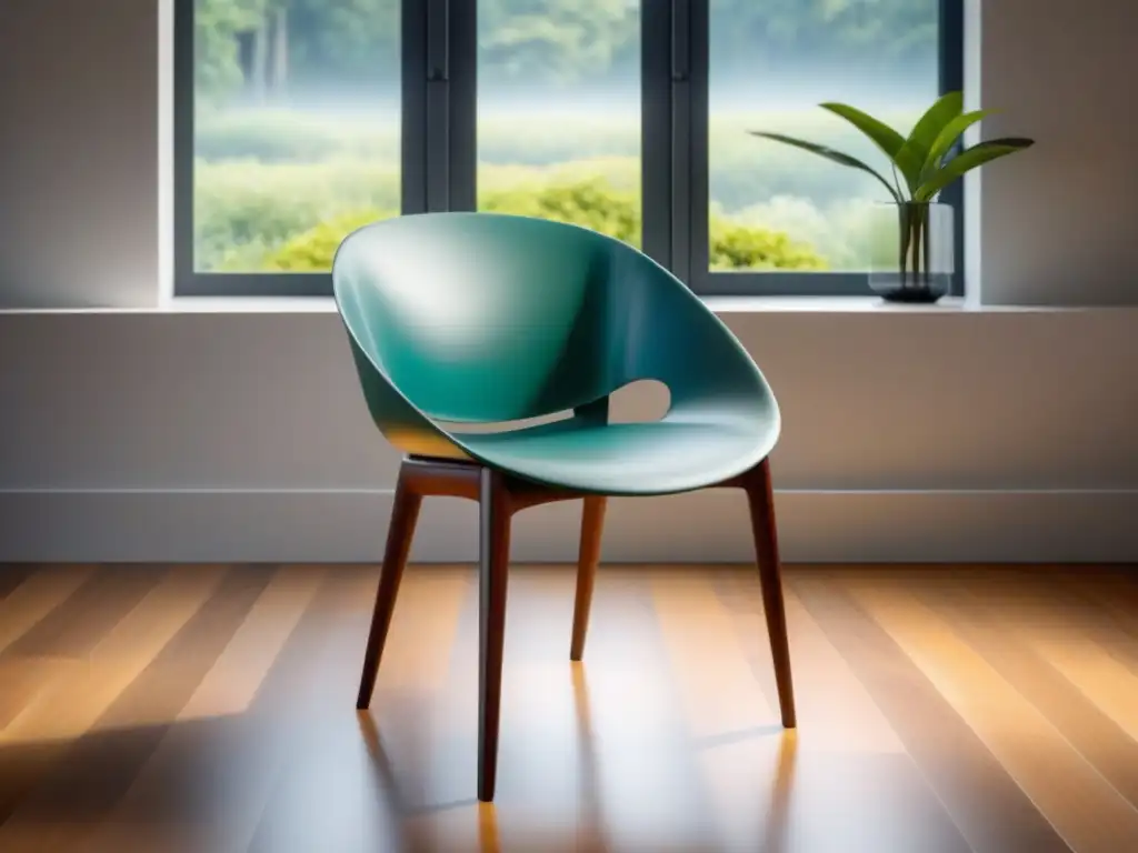 Silla de diseño sostenible hecha de materiales reciclados, en un ambiente luminoso y ecológico