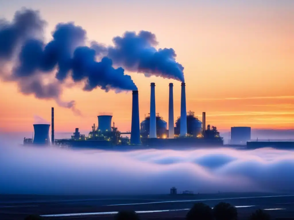 Silueta de una planta industrial moderna al atardecer, simbolizando la integración armoniosa de procesos de recuperación de energía en industrias