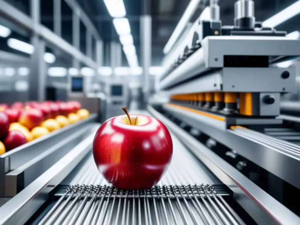 Un sistema de visión artificial de alta tecnología inspecciona una manzana roja madura para control de calidad en una línea de producción de alimentos