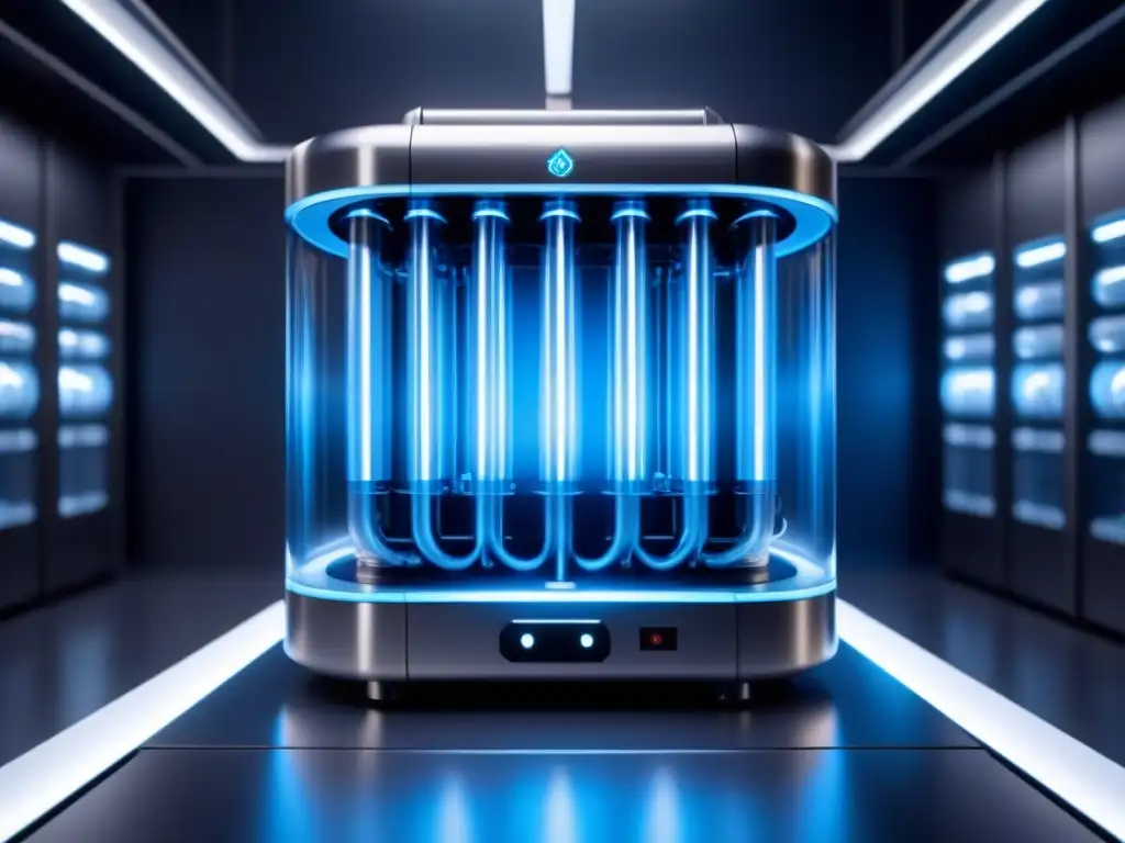 Un sistema de biorreactor futurista y elegante iluminado en azul, resaltando estrategias avanzadas en bioprocesamiento