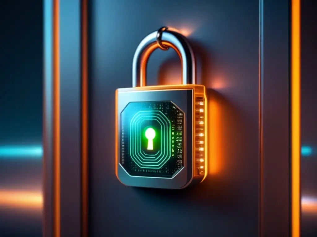 Seguridad cibernética avanzada: sistema de bloqueo digital futurista Un sistema de bloqueo digital futurista con patrones de circuitos brillantes, simbolizando la ciberseguridad en gestión del cambio tecnológico