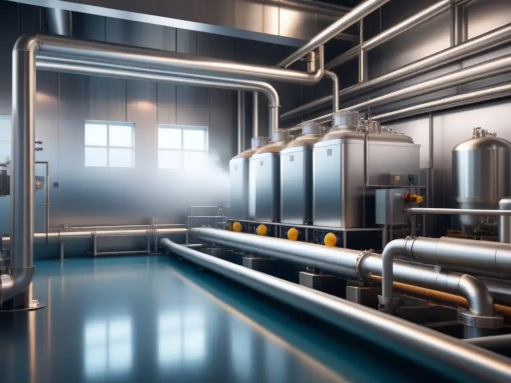 Refrigeración industrial: diseño moderno y eficiente en planta procesadora Un sistema de enfriamiento ultrarrápido en industria alimentaria, con diseño moderno y eficiente, iluminado por luces LED brillantes