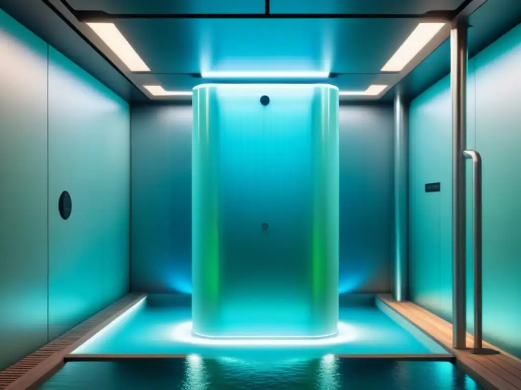 Un sistema de filtración de agua futurista bajo tierra, con tecnología avanzada y colores serenos